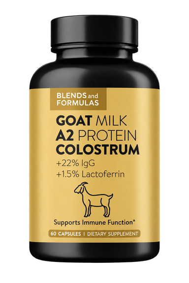 Blends and Formulas A2 Goat Colostrum, standardized to 22% IgG and 1.5% lactoferrin, 60 capsules